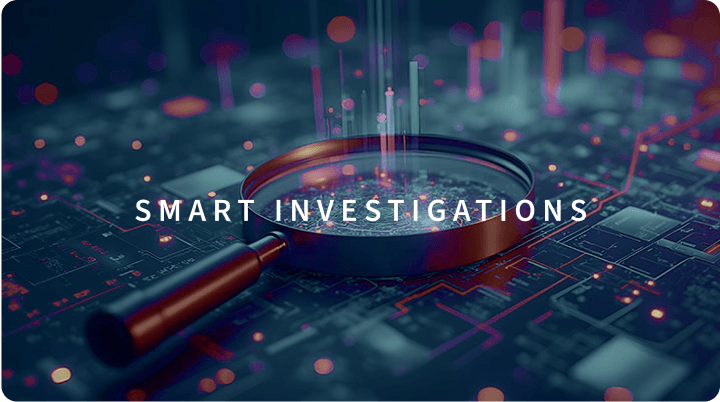 a magnifying glass lays on top of computer chips, with text that reads: SMART INVESTIGATIONS