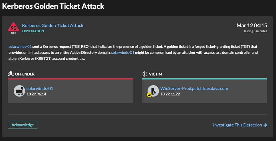 A Kerberos golden ticket attack detection in Reveal(x)