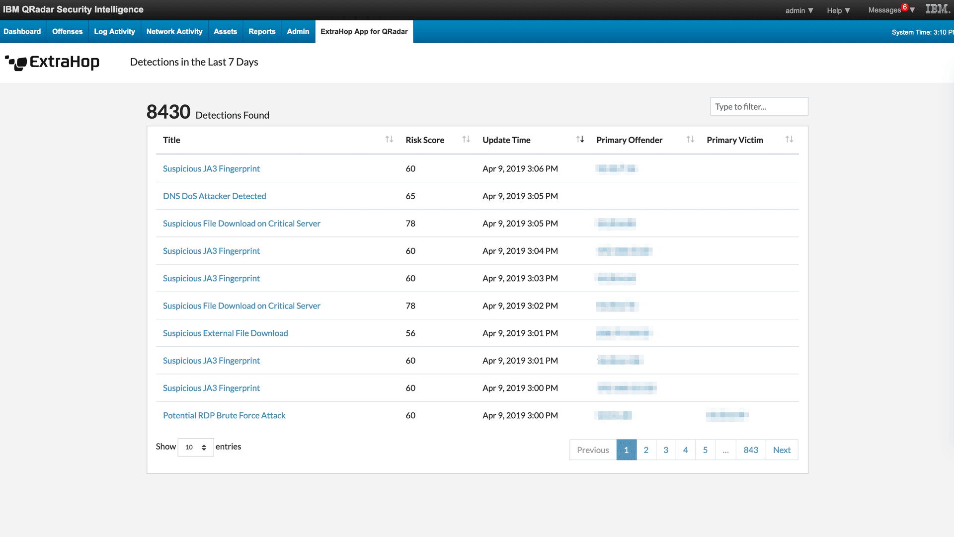 ExtraHop tab in IBM QRadar