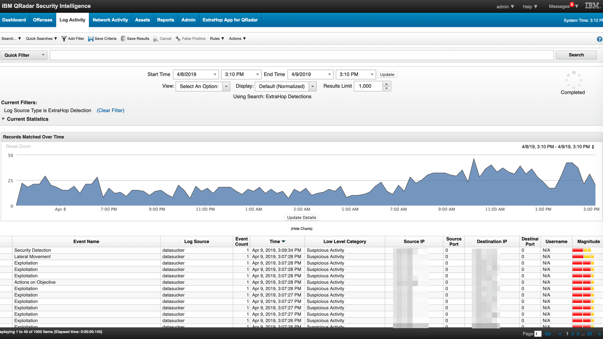 ExtraHop tab in IBM QRadar