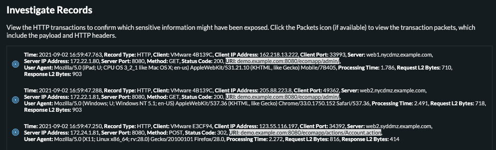 Transaction records in Reveal(x) filtered by credentials sent over HTTP