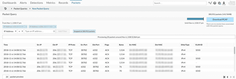 Packet query in ExtraHop Trace