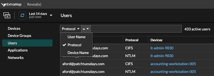 Filtering users by protocol in Reveal(x) 360