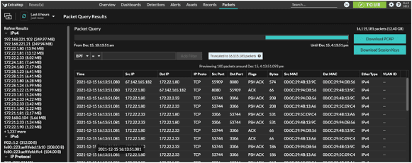 Packet download preview in ExtraHop Reveal(x)