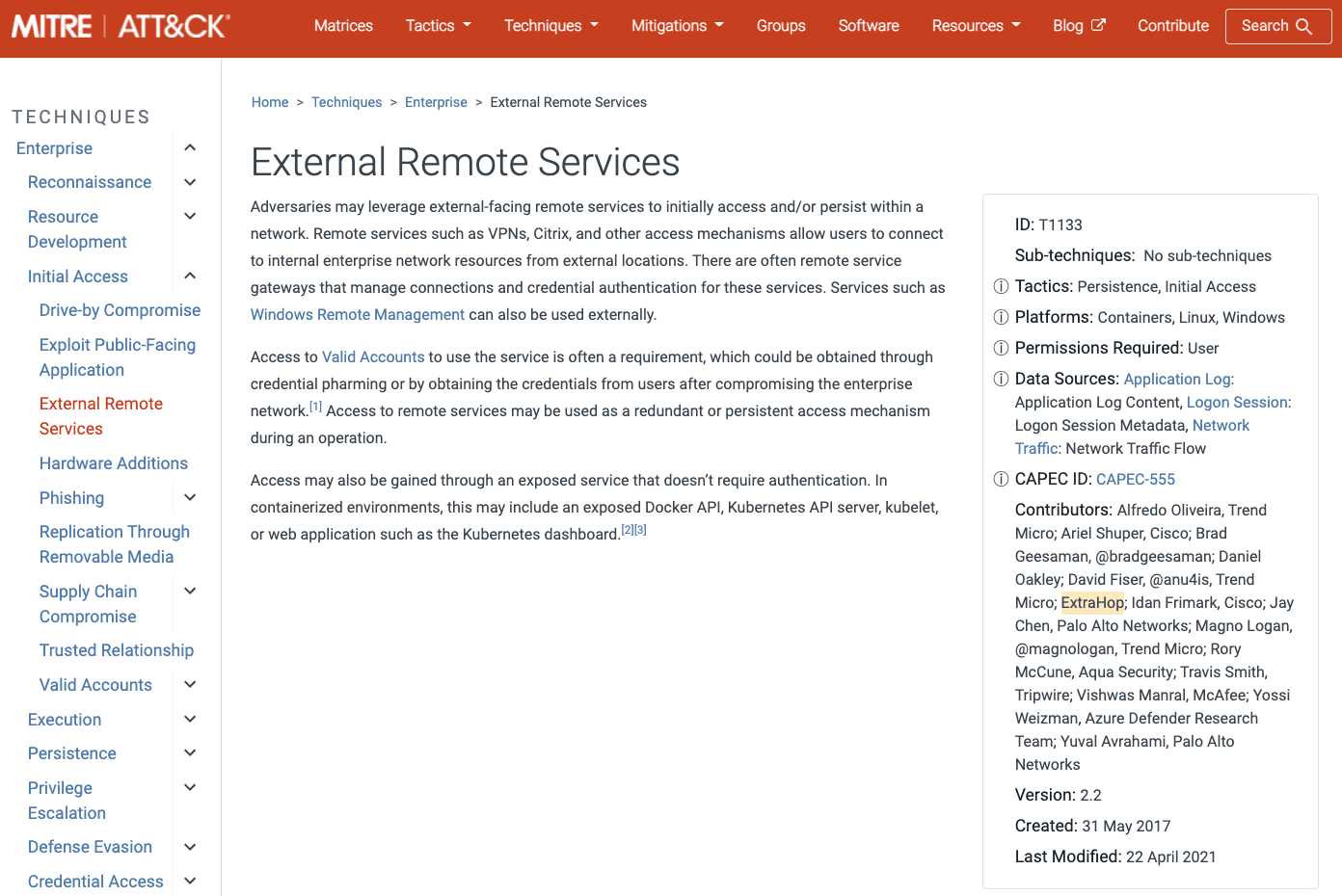 MITRE entry for external remote services