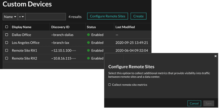 Collecting remote site metrics in custom devices