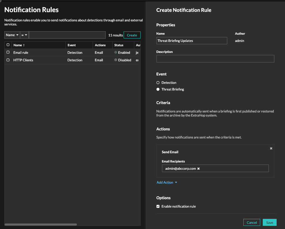 Setting notification rules for Threat Briefings in Reveal(x)