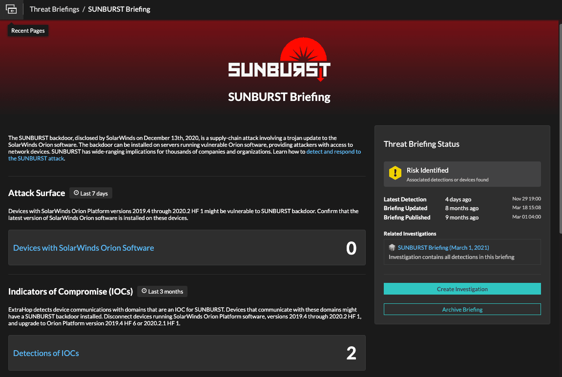 SUNBURST Threat Briefing in Reveal(x)