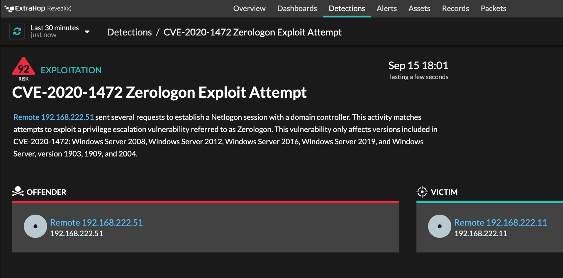 ExtraHop Reveal(x) detection for zerologon vulnerability