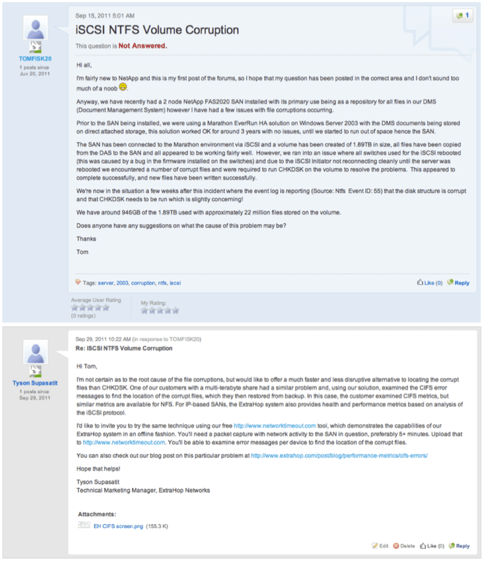 NetApp Community forums post asking for advice about corrupt files stored in SAN-based file system