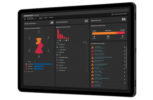 RevealX on a Tablet. Ui Showing data-rich network visibility revealing risk