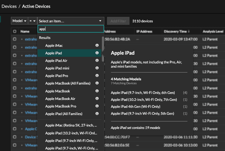 Devices Model Filtering