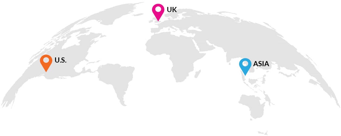 map of the world with pinpoints to the UK, US, and Asia