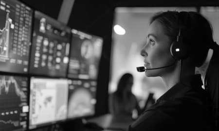 a woman looks to a set of screens with a headset on