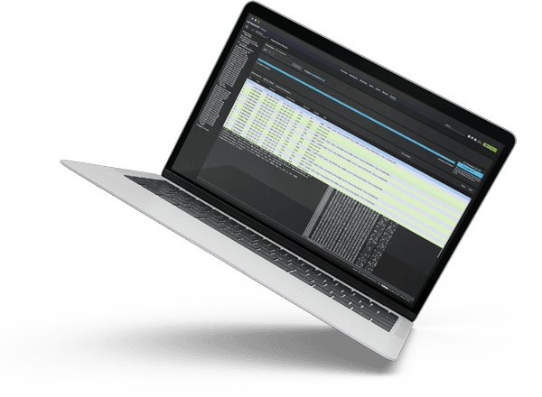 Image of a laptop, the screen is the user interface ExtraHop Forensics