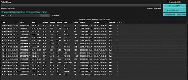 ExtraHop RevealX product UI - PCAP
